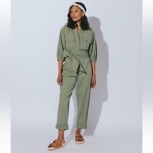 Cleobella Ivy Green Organic Cotton Belted Button Front Utility Jumpsuit EUC Sz M